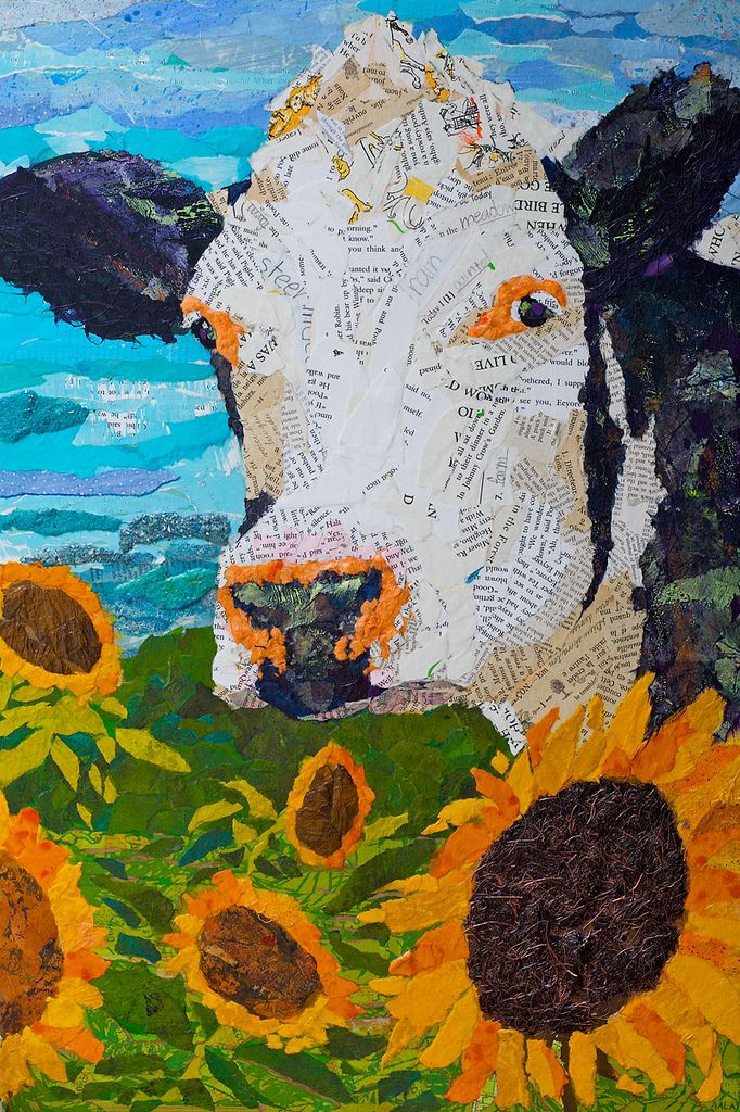 a painting of a cow with sunflowers in the foreground