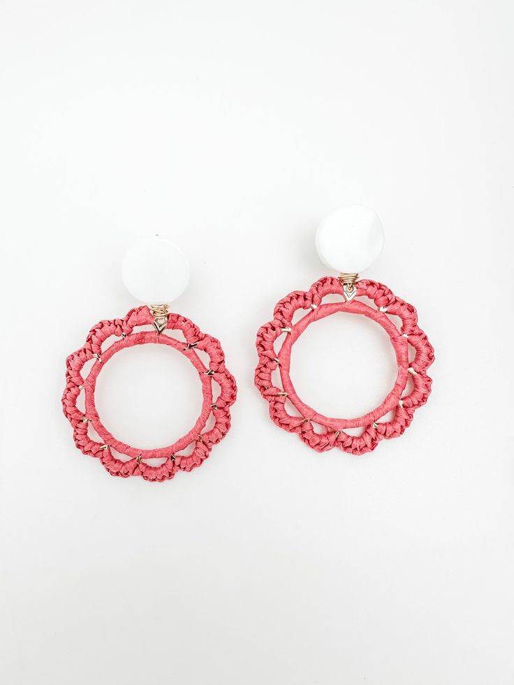 These light, raffia-wrapped earrings are the perfect accessory to add a pop of color and go well with layered necklaces. Measuring 1.5", they are light and easy to wear. Wrapped Earrings, Pop Of Color, Layered Necklaces, Color Pop, Coral, Necklaces, Flowers, Pink, Color