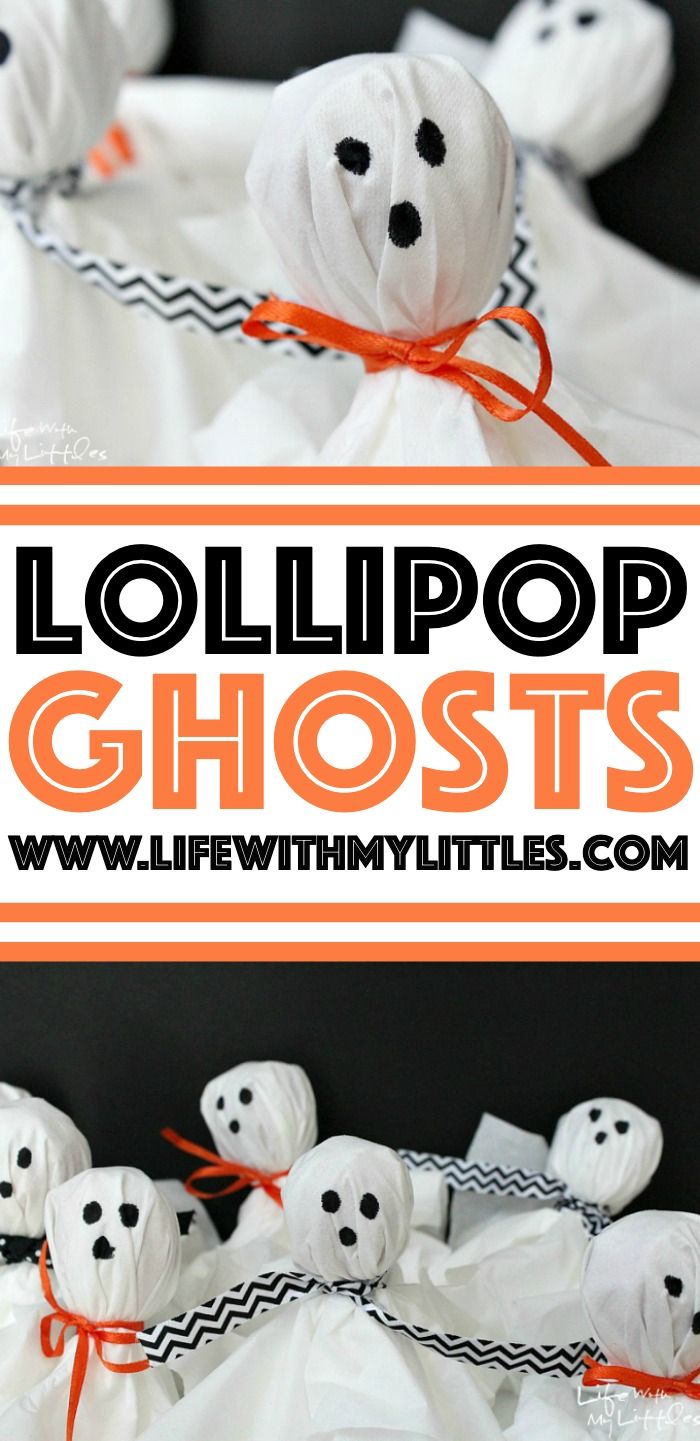 the lollipop ghost is made with white marshmallows and orange ribbon