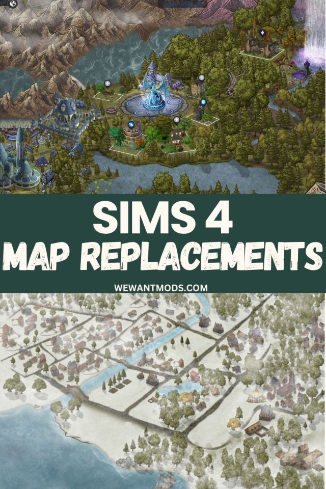 the map for sims 4 is shown in green and white with text that reads sims 4 map replacements