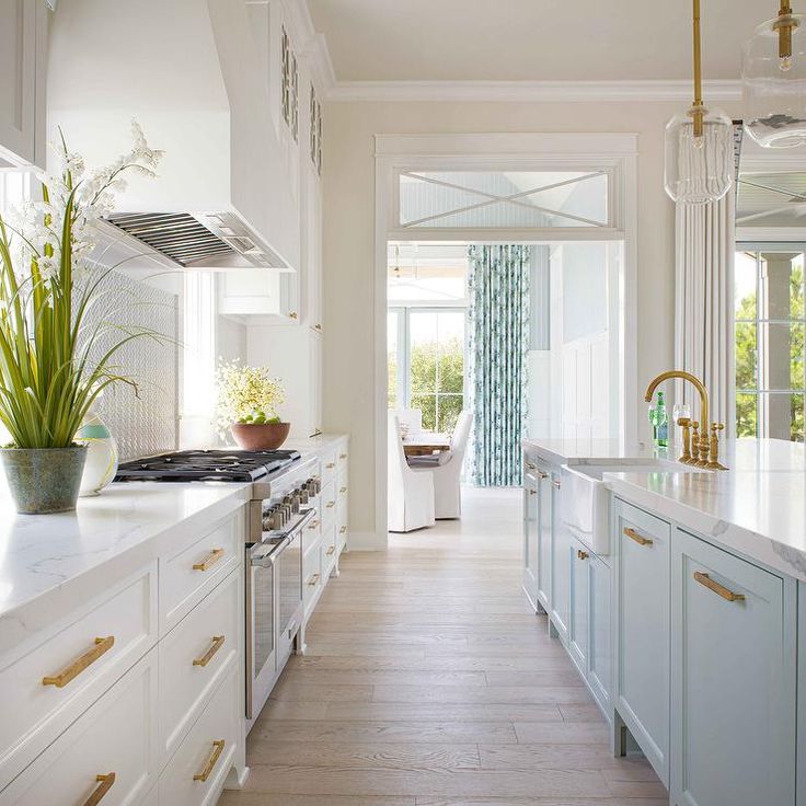 a large kitchen with white cabinets and gold pulls on the doors, along with a potted plant in the center