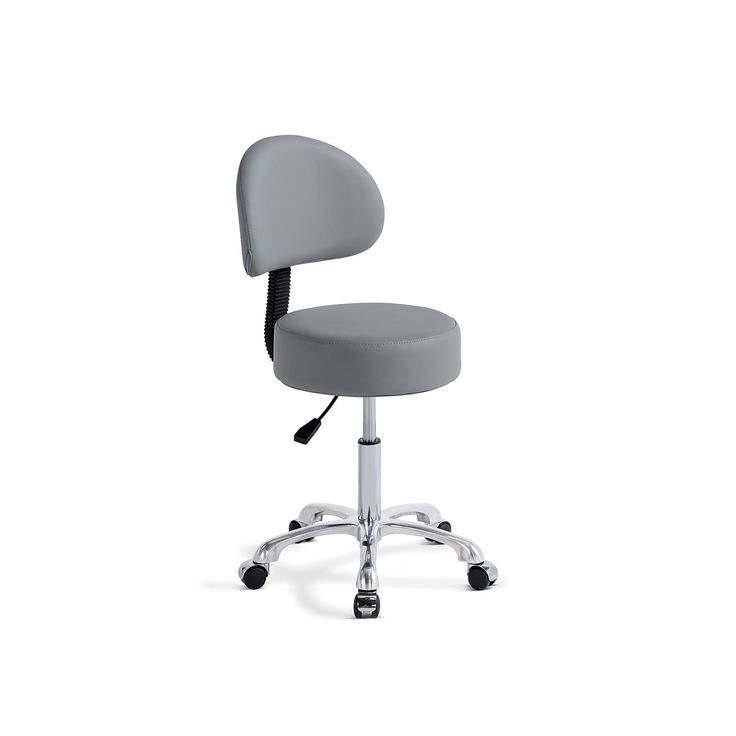 an office chair with wheels and a seat cushion on the back is shown in grey