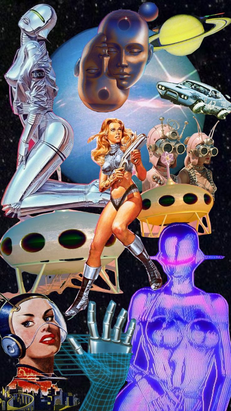 a collage of different images with people in the background and an alien man standing next to them