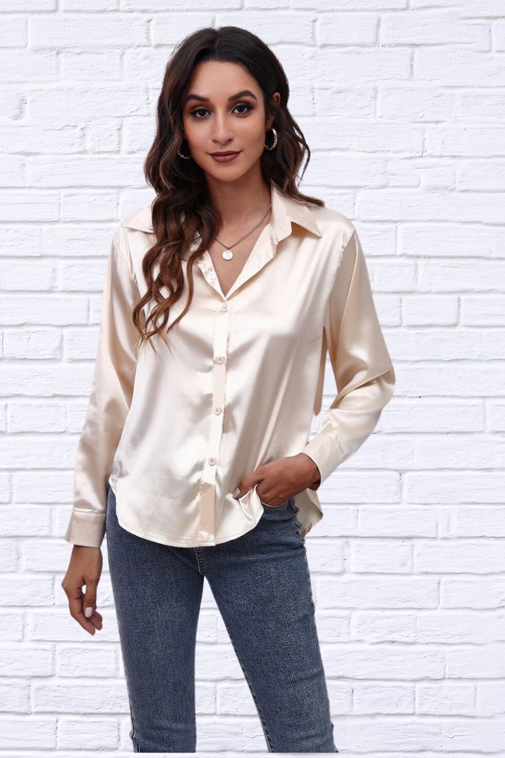 Button down and collar-equipped, this long-sleeve shirt offers timeless style and versatile wear Features: Buttoned Sheer: Opaque Stretch: No stretch Material composition: 100% polyester Care instructions: Machine wash cold. Tumble dry low. Imported - Shipping 7 to 14 days Product measurements: S: shoulder 16.8 in, bust 42.1 in, back length 26.5 in, sleeve length 20.7 in M: shoulder 17.6 in, bust 43.7 in, back length 26.9 in, sleeve length 21.1 in L: shoulder 18.7 in, bust 46 in, back length 27. Beige Long Sleeve Shirt With Button Cuffs, Long Sleeve Flannel Shirt With Button Closure, Solid Color Shirt With Lapel Collar For Fall, Fall Long Sleeve Shirt With Button Closure, Long Sleeve Shirt With Button Closure For Fall, Solid Collared Shirt For Fall, Solid Spread Collar Shirt For Fall, Solid Shirt With Collared Neckline For Fall, Beige Long Sleeve Button Shirt