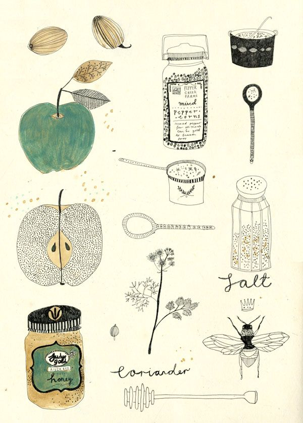 an illustration of various items that are in the shape of flowers and leaves, with words written on them