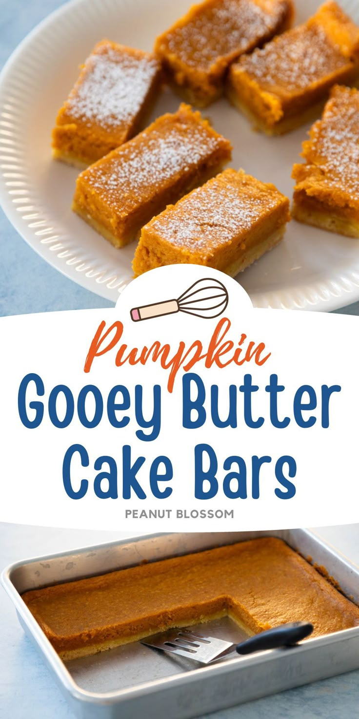 pumpkin gooey butter cake bars on a white plate with a blue and orange background