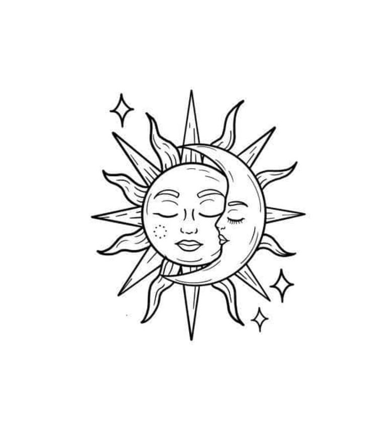 the sun and moon with faces drawn in black ink