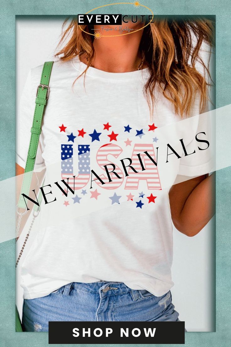 White Crewneck Stars and Stripes Usa Graphic Tee Spring Crew Neck T-shirt With Star Print, Summer Crew Neck T-shirt With Star Print, Summer Star Shaped Graphic Tee, Summer Star-shaped Graphic Tee, Summer Crew Neck Top With Star Print, Patriotic Star Print Short Sleeve Tops, Patriotic Short Sleeve Top With Star Print, White Star Print Top For Summer, Patriotic Star Print Short Sleeve T-shirt