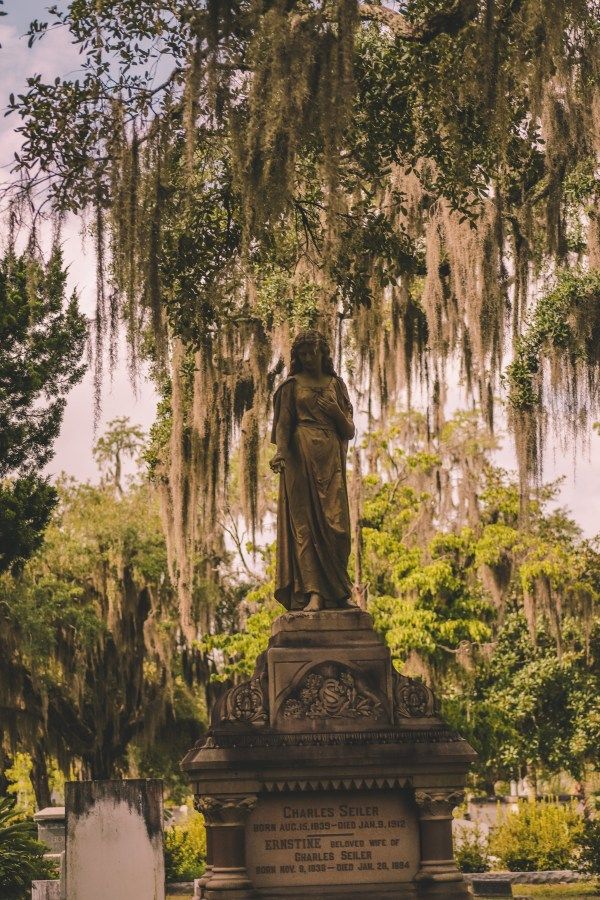 a statue in the middle of a cemetery with moss hanging from it's branches