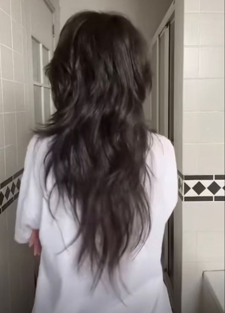 Really Short Layers On Long Hair, Tapered Ends Haircut Long, Messy Haircut Long Hair, Shaggy Layered Haircuts Long Wavy, Wolfcut Hair Long No Bangs, Razor Long Haircut, Messy Haircuts Women Long, Wolf Mullet Haircut Long, Long Shag Haircut Back View