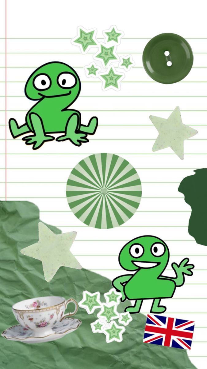 the frog is sitting on top of a piece of paper with buttons and stars around it