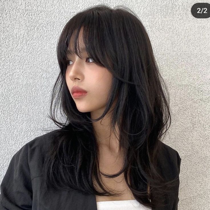 Asian Layer Hair, Short Hair Inspo Thick Hair, Wolfcut Asian Hair, Hair For Short Forehead, Long Hush Cut With Bangs, Bangs With Long Hair Asian, Wolf Cut Medium Length Hair, Layered Haircuts For Medium Hair Asian, Wispy Hime Cut