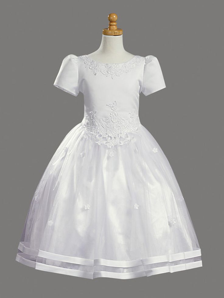 Satin Bodice w/ Tulle Skirt Communion Dress - Pink Princess Fitted Short Sleeve Dress With Lace Bodice, A-line Wedding Dress With Satin Bow, Elegant Fitted Confirmation Dress, Elegant Fitted Dress For Confirmation, Spring Satin Dress For Dress-up Occasions, Fitted Gown With Lace Bodice For Dress-up, Short Sleeve Dresses With Lace Bodice, Formal Short Sleeve Dresses With Lace Bodice, Fitted Dresses For First Communion In Spring