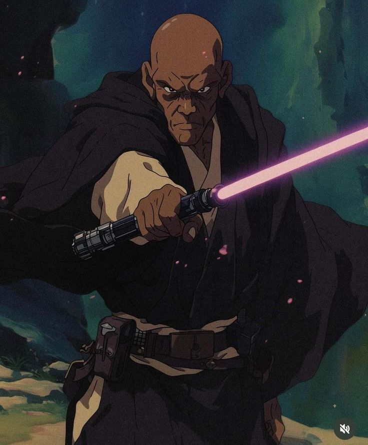 the animated star wars character is holding a light saber in his right hand and pointing at something