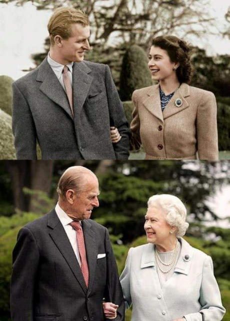 the queen and prince of england are talking to each other in black and white photos