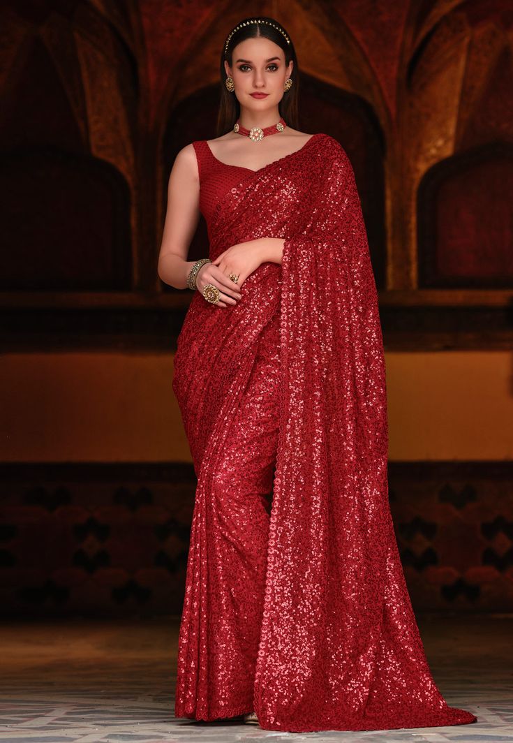 Red georgette saree with blouse 2045A  Desc:  Style : Sequence Sarees Color : Red Fabric : Georgette Work : Sequence Wash Care : Dry clean Sleeve Style : Sleeveless Long Sleeves : Done only in Custom Stitch Sleeves Lining : Done only in Custom Stitch Bust Size : 32 to 42 Inches Occasion : Party Wear   Christmas   Kitty Party   Sangeet   Engagement   Reception   Ceremonial. With Express Free Shipping and Custom Stitching, Buy Indian Party wedding wear sarees Red georgette saree with blouse 2045A Glitter Saree, Sequence Saree, Saree Georgette, Saree Bollywood, Anarkali Lehenga, Party Wear Saree, Sequence Work, Designer Lehenga Choli, Stylish Sarees