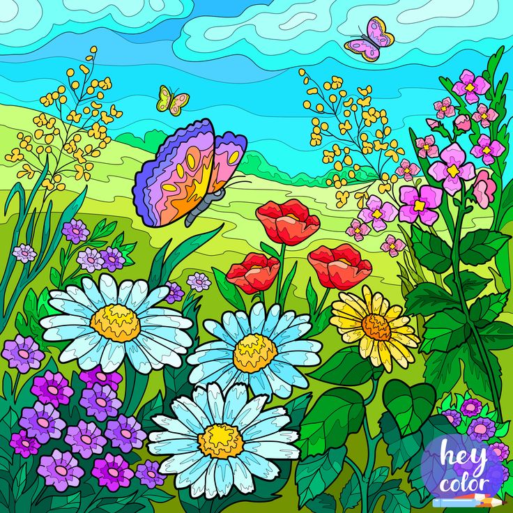 a painting of flowers and butterflies on a sunny day