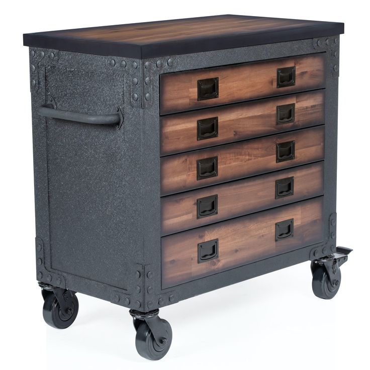 an industrial style wooden and metal cabinet on casteors, with four drawers in the middle