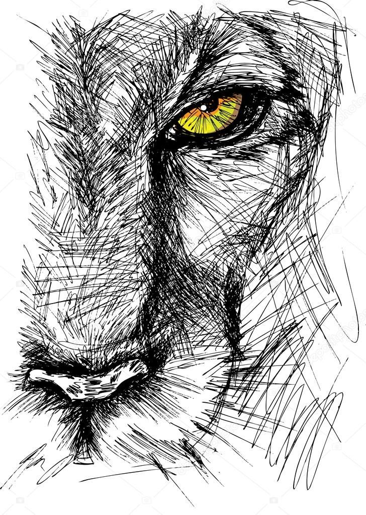 a black and white drawing of a tiger's face with yellow eyeliners