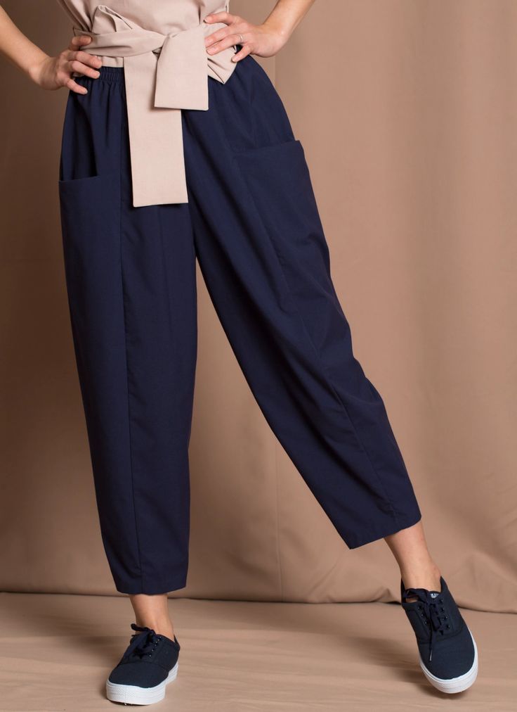 KAAREM - Canh Cropped Pocket Pant w/ Elastic - Dark Blue Cotton Work Pants With Elastic Side Panels, Cotton Pants With Elastic Side Panels For Work, Chic Harem Pants With Tapered Leg And Pockets, Chic Tapered Leg Harem Pants With Pockets, Cotton Ankle-length Pants With Elastic Side Panels, Ankle-length Pants With Elastic Side Panels For Work, Versatile Cropped Pants With Side Pockets, Chic Cotton Harem Pants For Work, Spring Ankle-length Harem Pants With Side Pockets