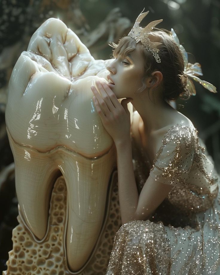 a woman in gold dress sitting next to a fake tooth