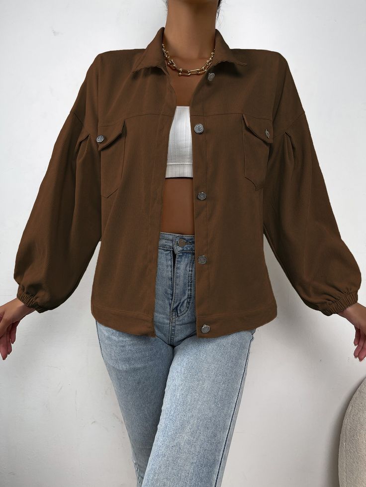 Coffee Brown Casual  Long Sleeve Corduroy Plain Other Embellished Non-Stretch Fall/Winter Women Outerwear Women Outerwear, Corduroy Shirt, Women Jackets, Casual Day Outfits, Brown Corduroy, Coffee Brown, Corduroy Jacket, Shein Style, Outerwear Women