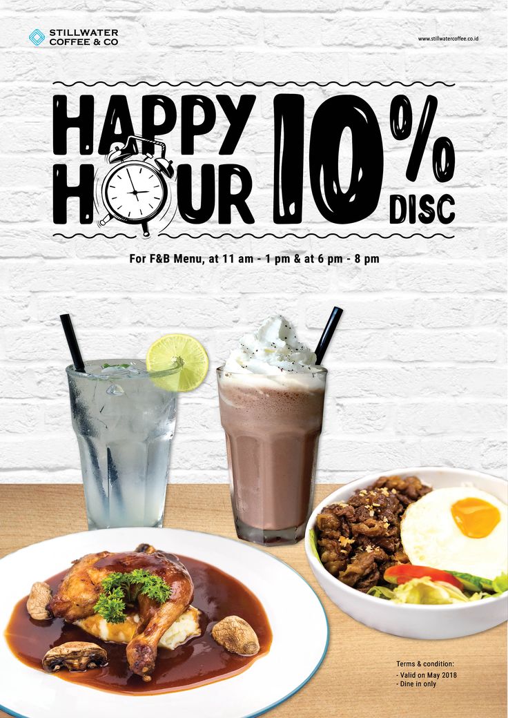 an advertisement for happy hour 10 % off on food and drink at the same time