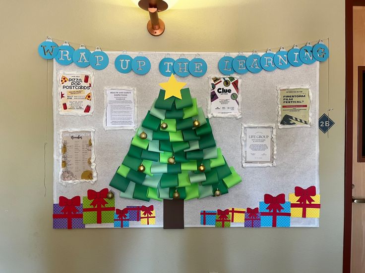 a christmas tree made out of paper on a bulletin board that says crap up the greetings