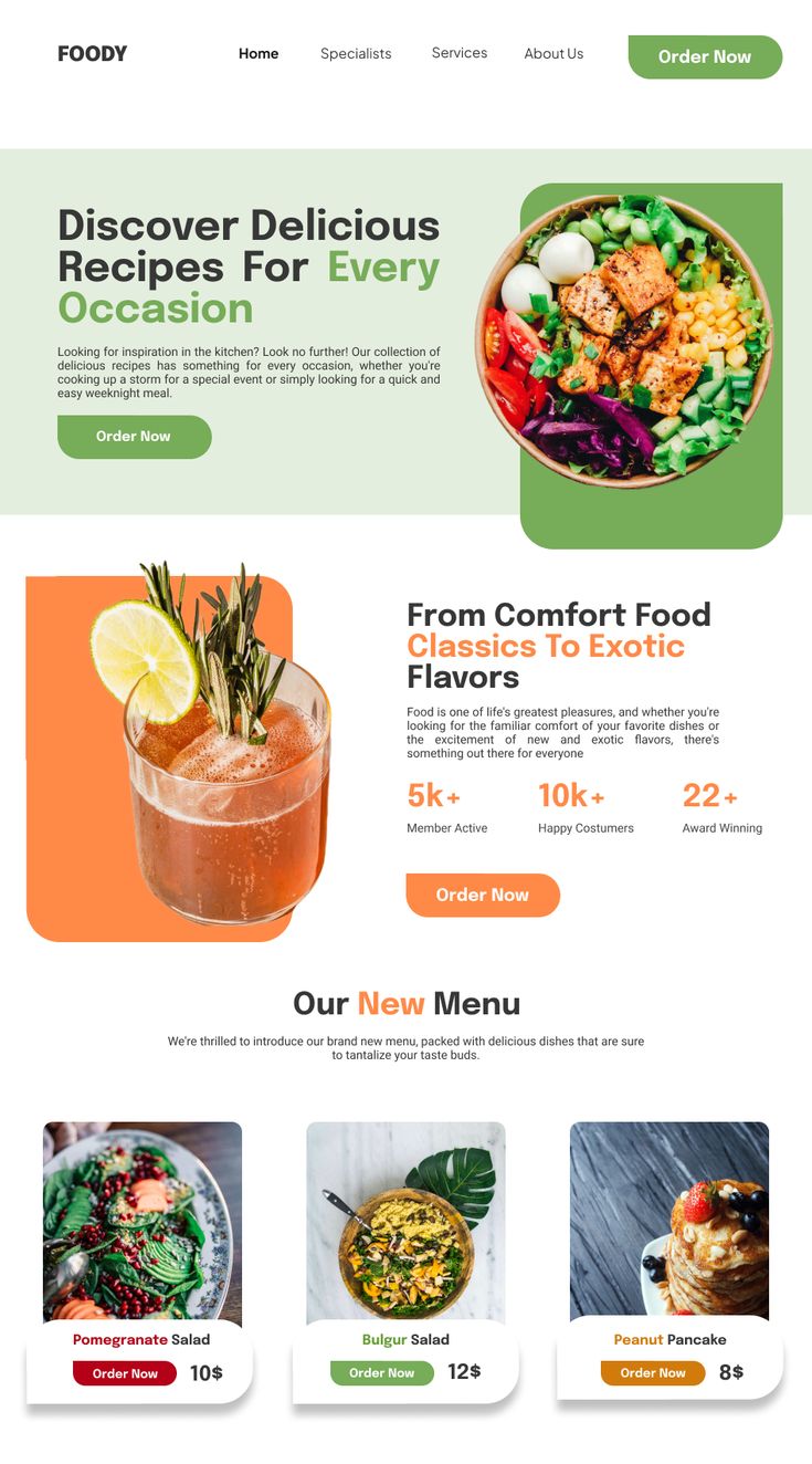 the food website is designed to look like it has many different items on it, including salad