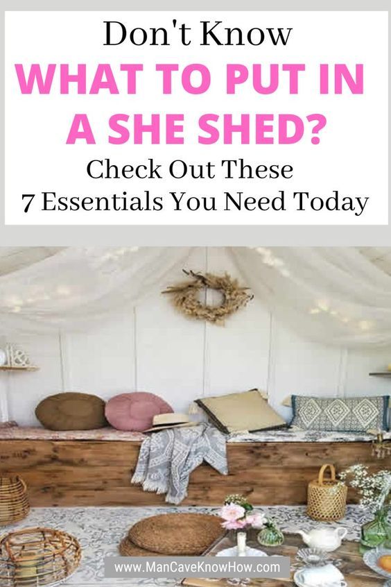 a table with books and baskets on it that says, don't know what to put in a she shed? check out these 7 essentials you need today