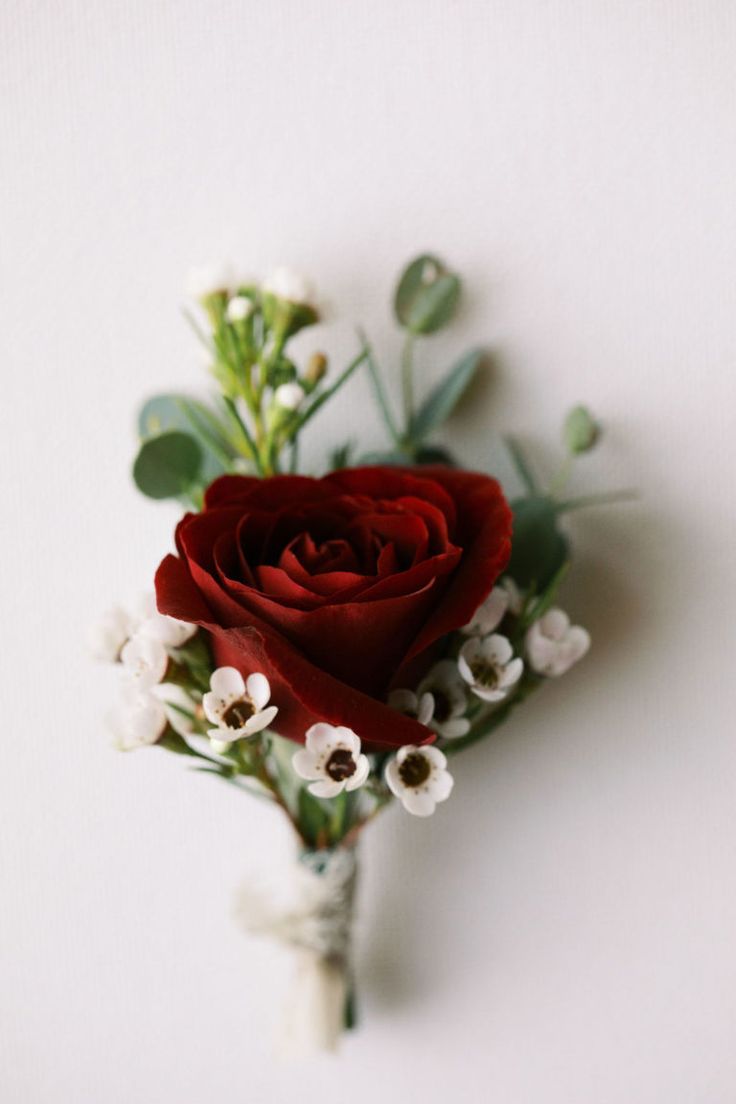 a single red rose with white flowers and greenery