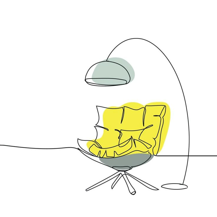 a drawing of a yellow chair in front of a white wall with a lamp on it