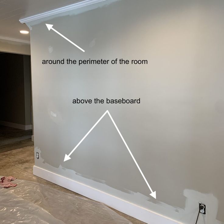 a room that has been painted white with arrows pointing to the ceiling and around the perimeter of the room above the baseboard