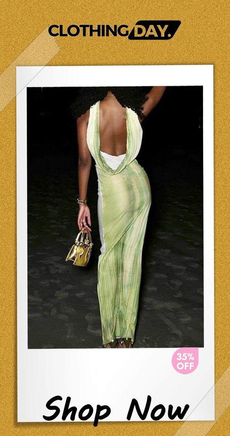 Sexy Print Backless V Neck Long Dress Dresses Green V-neck Halter Dress For Party, Non-stretch Backless Evening Dress, V-neck Backless Dress For Beach Party, Elegant Backless Mini Dress For Beach Season, Green Backless Halter Dress For Evening, Summer Evening Bodycon Backless Dress, Green Backless Dress For Date Night, Elegant Green Maxi Dress For Club, Chic Green Backless Maxi Dress