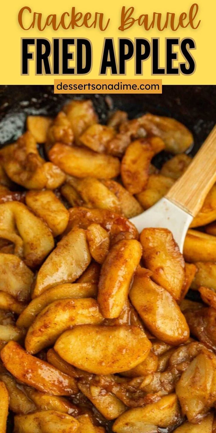 chicken bannanel fried apples in a skillet with a wooden spoon