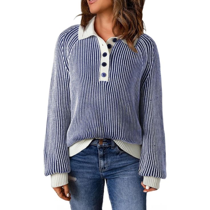 Very Nice Quality Sweater!! Never Worn!! Casual Navy Sweater With Buttons, White Collared Sweater With Buttons, Winter Blue Tops With Button Cuffs, Blue Winter Tops With Button Cuffs, Blue Tops With Button Cuffs For Winter, Casual Blue V-neck Sweater For Winter, Casual Striped V-neck Sweater With Long Sleeves, Winter Striped Long Sleeve V-neck Sweater, Multicolor Wool V-neck Sweater