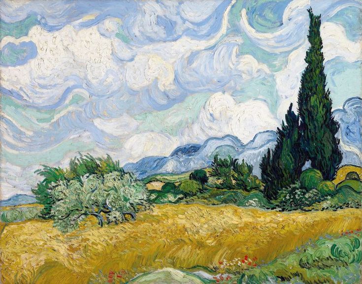 a painting of a wheatfield with trees and clouds in the background, painted by an artist