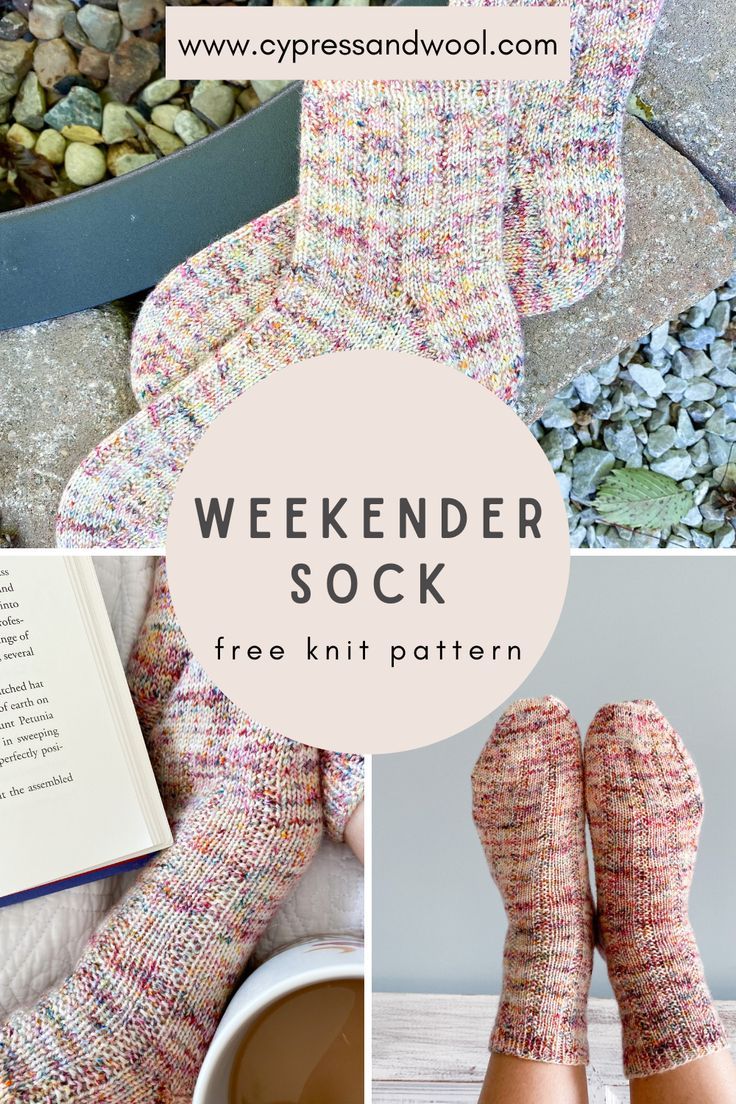 a collage of photos with the words weekend sock free knitting pattern and pictures of socks