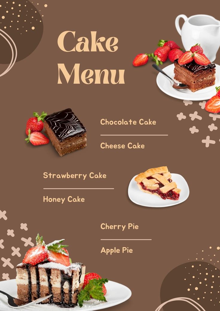 a cake menu is shown with different desserts