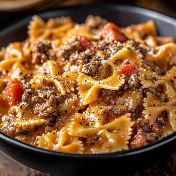 a black bowl filled with pasta covered in meat and tomato sauce on top of a wooden table