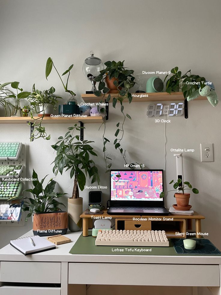 a desk with a computer and plants on it