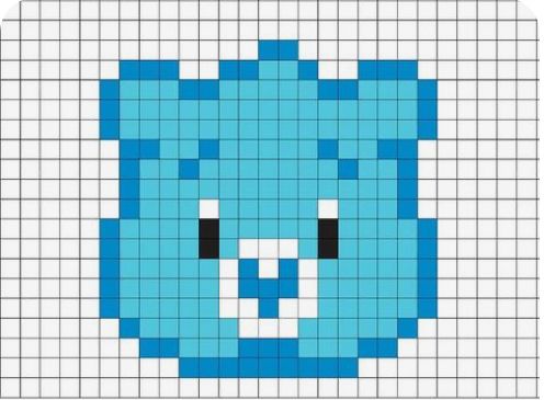 a cross stitch pattern with a blue teddy bear on it's face and black eyes