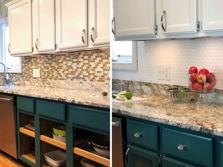 two pictures side by side of a kitchen with marble counter tops and white cupboards