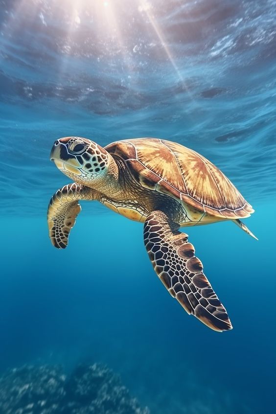 a turtle swimming in the ocean with sunlight shining down on it's back and head