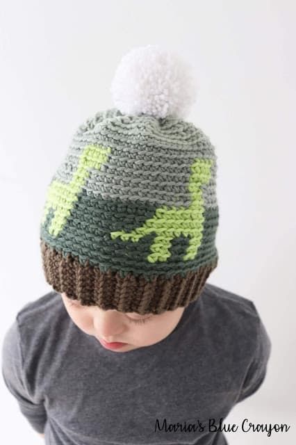 a young boy wearing a knitted dinosaur hat with a pom - pom