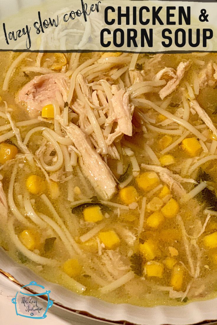 a bowl of chicken and corn soup on a plate