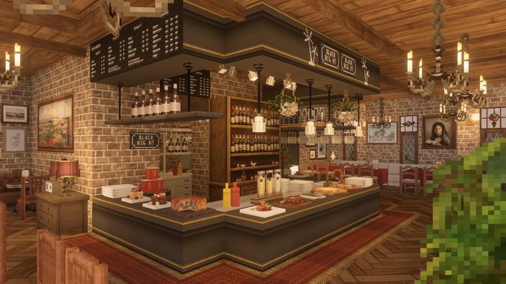 the interior of a restaurant with brick walls and wooden ceilings, decorated in pixel art style