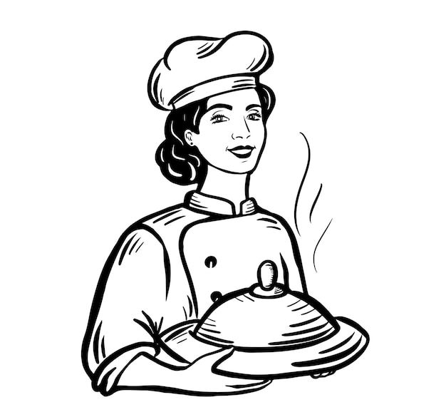 a black and white drawing of a woman in chef's uniform holding a platter