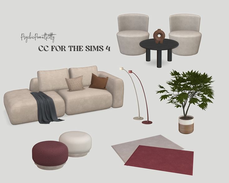 the living room is set up in neutral colors and features modern furniture, including a couch, chair, coffee table, rug, potted plant and floor lamp