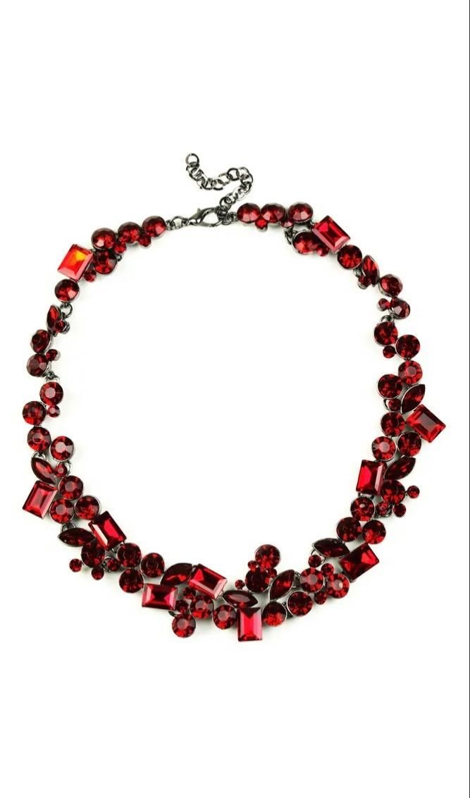 Ruby red glass crystals charm this alloy necklace to give it this unique appearance. If you have been searching for a statement necklace to wear for a special night out, then look no further than this stunning collar necklace! Product Details: Red alloy Glass crystals Approx. 12" + 2" ext. length Clasp: lobster Red Ruby Necklace, Crystal Statement Necklace, Red Necklace, Red Jewelry, Red And Teal, Ruby Necklace, Teal And Gold, Red Collar, Crystal Charm